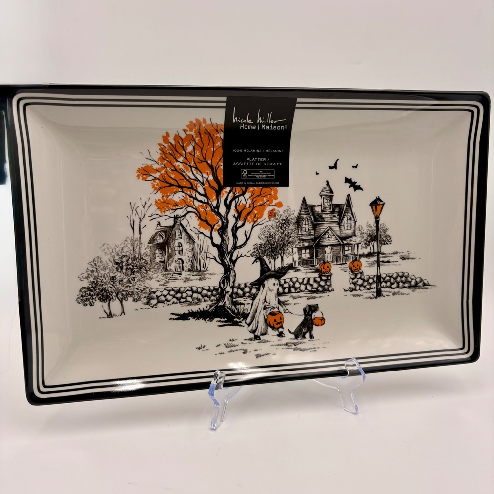 Nicole Miller Halloween Melamine Serving Platter Haunted House Ghost Dog 19in
